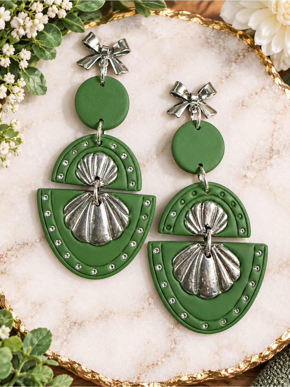 Green Statement Shell Drop Handmade Polymer Clay Earrings